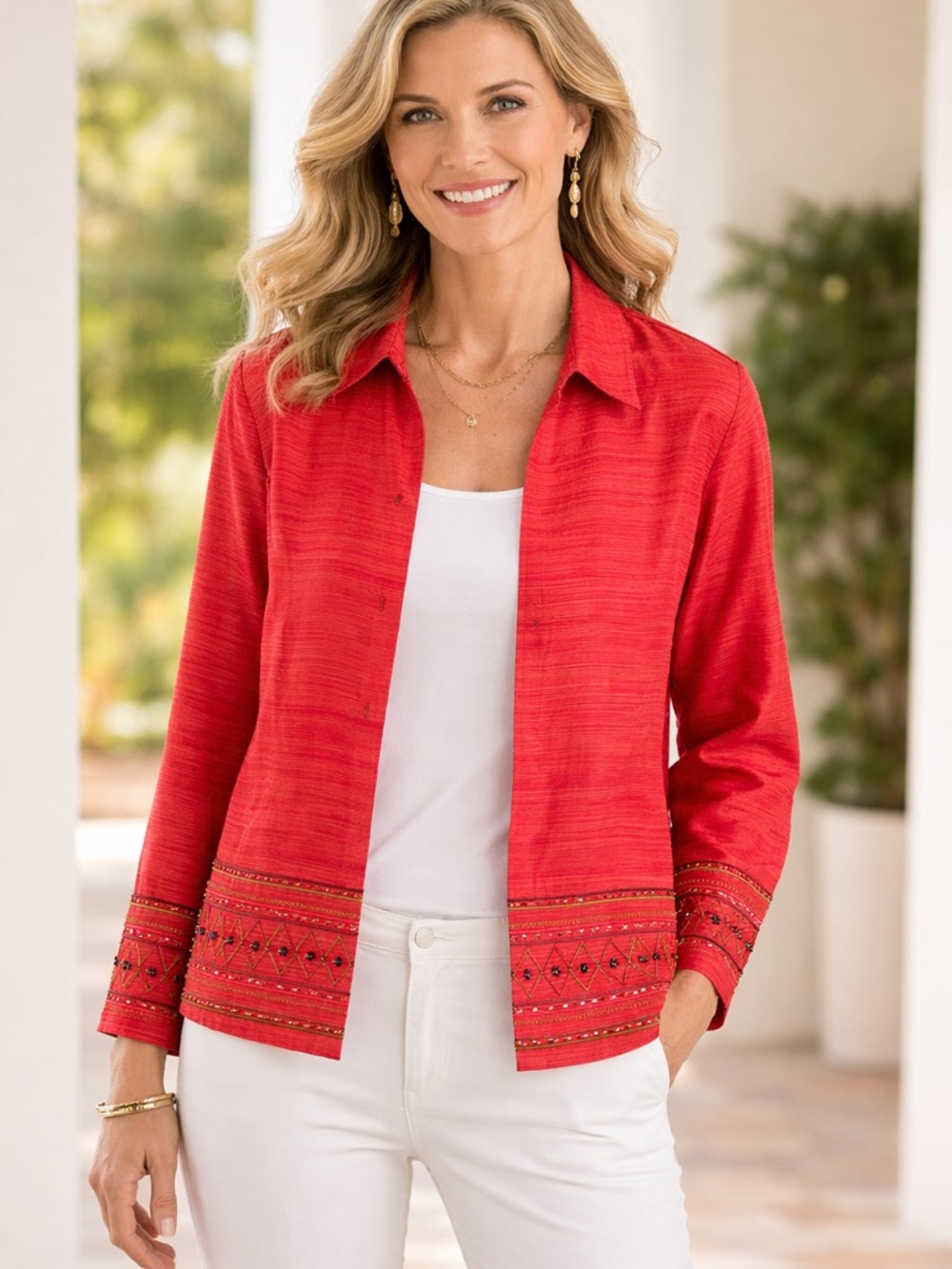 100% Silk Embroidered Beaded Red Open Front Statement Jacket Boho M